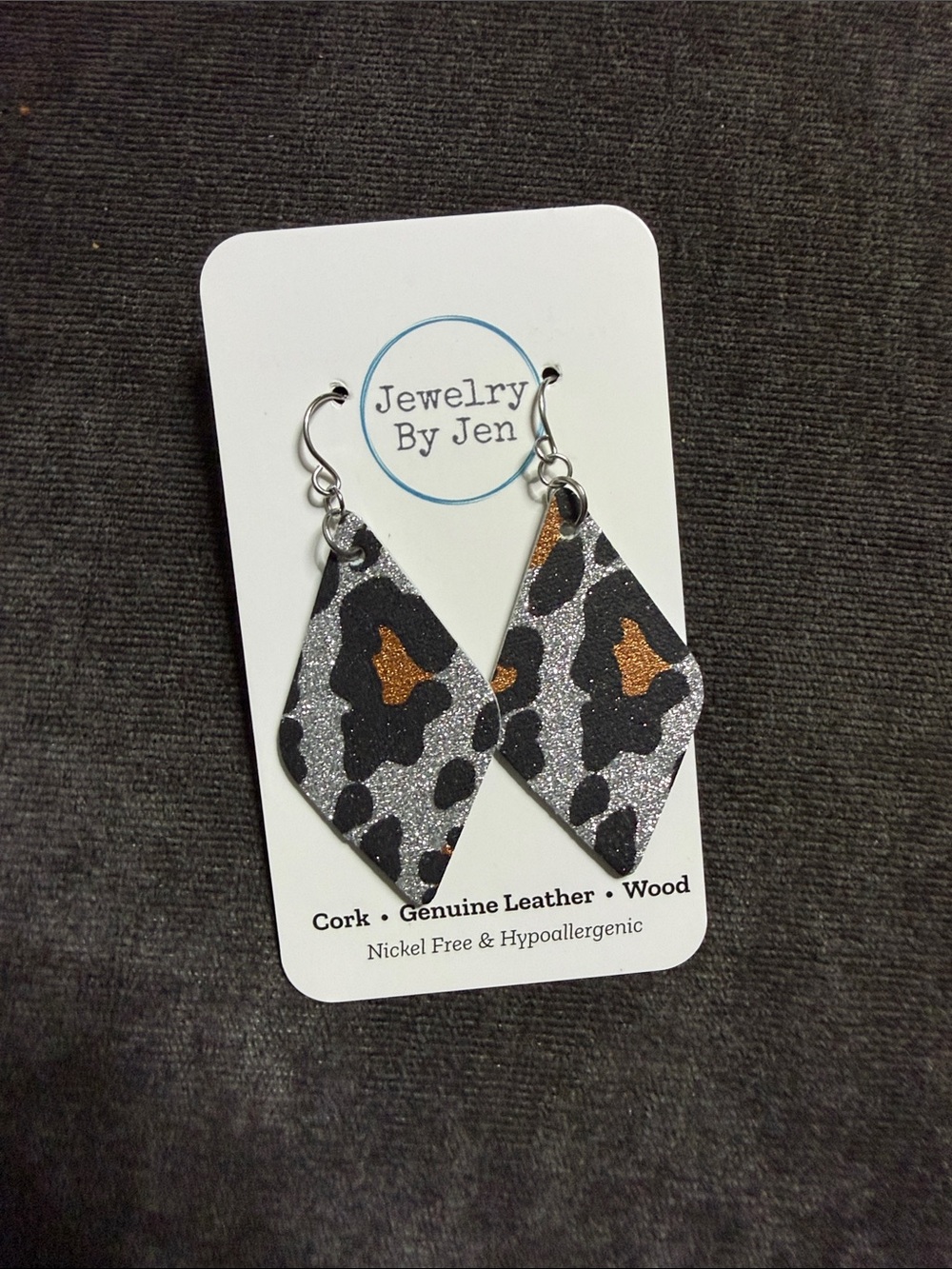 Silver Glitter & Black Leopard Diamond Leather Earrings with Copper Accents